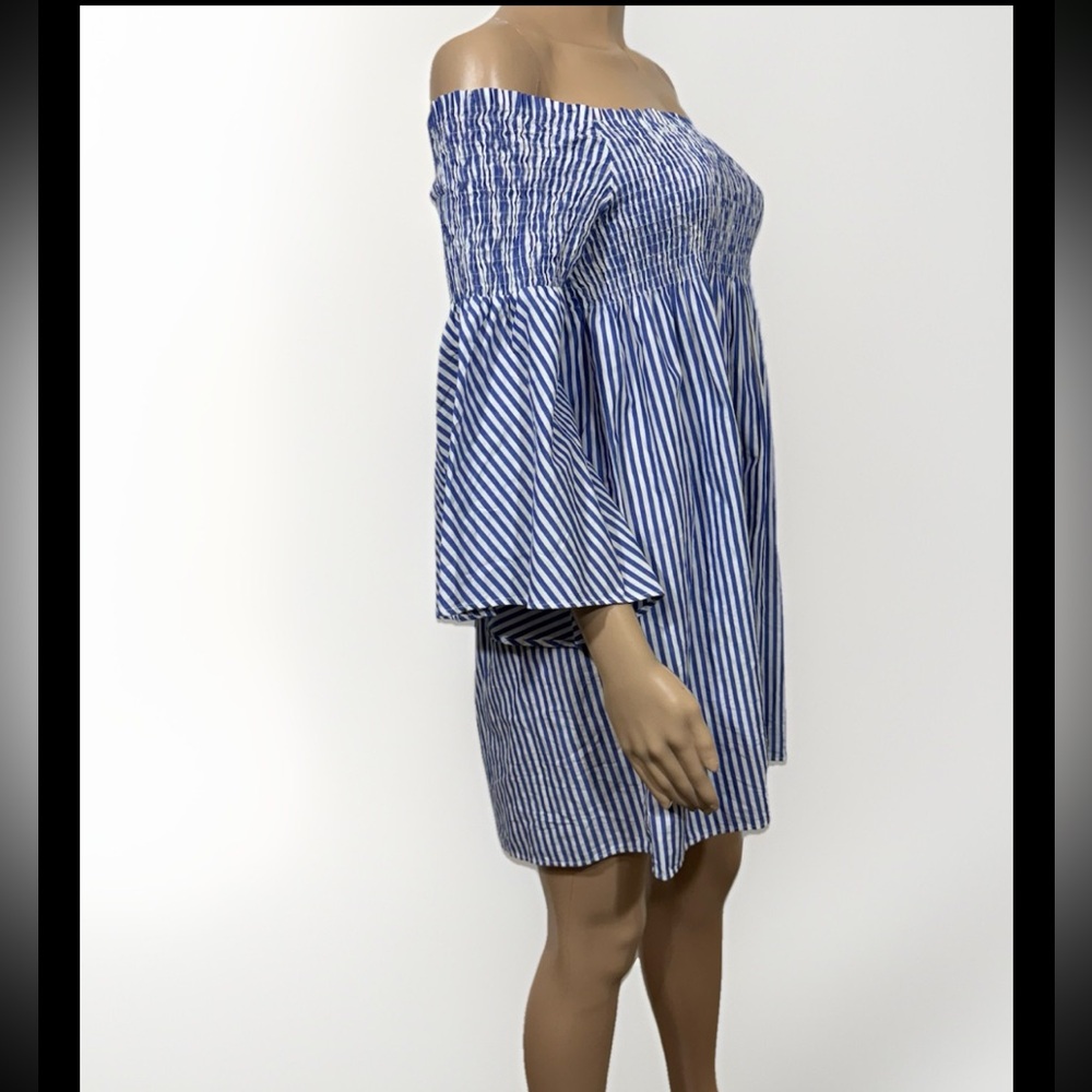 Zara Off Shoulder Bell Sleeve Striped Smocked Mini Dress Womens M Preppy - Picture 5 of 8